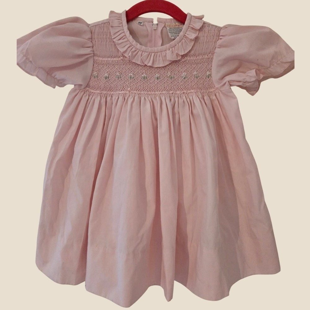 Friemanit Pink Smocked Floral Embroidered Ruffle Collar Toddler Dress Size 2T